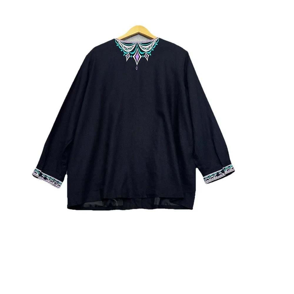 Bob Mackie Wearable Art Jacket Women's Sz 2X Black Embroidered Linen‎ Eclectic